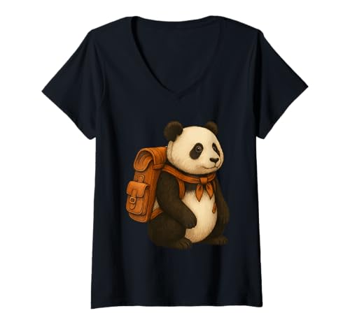 Damen Panda Bär Backpacker Camping Wald Tier Wanderer Grafik T-Shirt mit V-Ausschnitt Damen Panda Bär Backpacker Camping Wald Tier Wanderer Grafik T-Shirt mit V-Ausschnitt von Animals Hiking and Camping Gifts