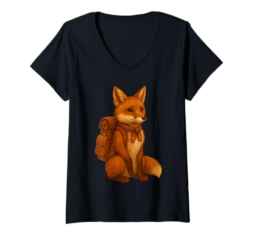 Damen Süßer Fuchs Backpacker Motiv Camping Wanderer Waldtier Wandern T-Shirt mit V-Ausschnitt von Animals Hiking and Camping Gifts