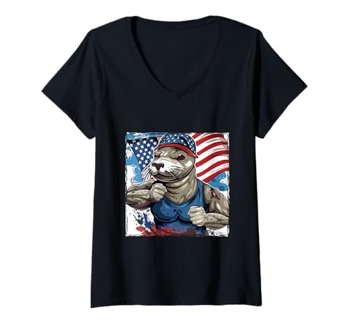 Damen American Seal Maskottchen USA Flagge T-Shirt mit V-Ausschnitt von Animals In USA Style Inc