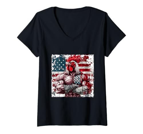 Damen Amerikanische Hahn-Maskottchen USA-Flagge T-Shirt mit V-Ausschnitt von Animals In USA Style Inc