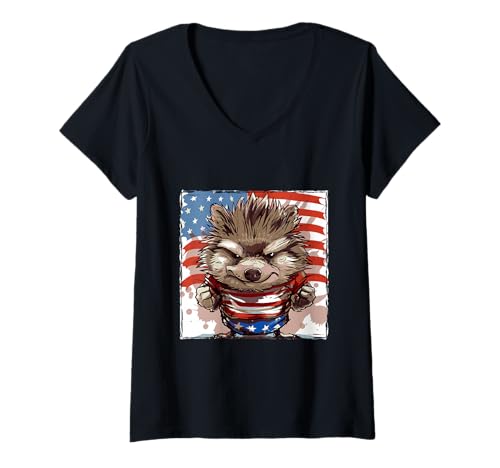 Damen Amerikanische Igel-Maskottchen USA-Flagge T-Shirt mit V-Ausschnitt von Animals In USA Style Inc