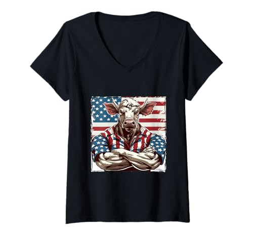 Damen Amerikanische Kuh Maskottchen USA Flagge T-Shirt mit V-Ausschnitt von Animals In USA Style Inc