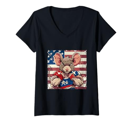 Damen Amerikanische Maus Maskottchen USA Flagge T-Shirt mit V-Ausschnitt Damen Amerikanische Maus Maskottchen USA Flagge T-Shirt mit V-Ausschnitt von Animals In USA Style Inc