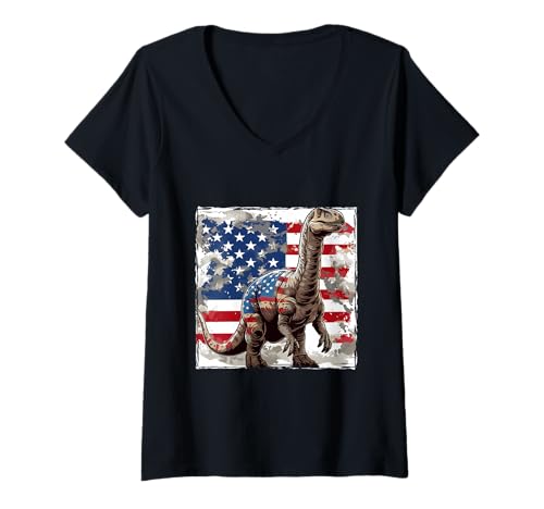 Damen Amerikanischer Dinosaurier Brontosaurus Maskottchen USA Flagge T-Shirt mit V-Ausschnitt Damen Amerikanischer Dinosaurier Brontosaurus Maskottchen USA Flagge T-Shirt mit V-Ausschnitt von Animals In USA Style Inc