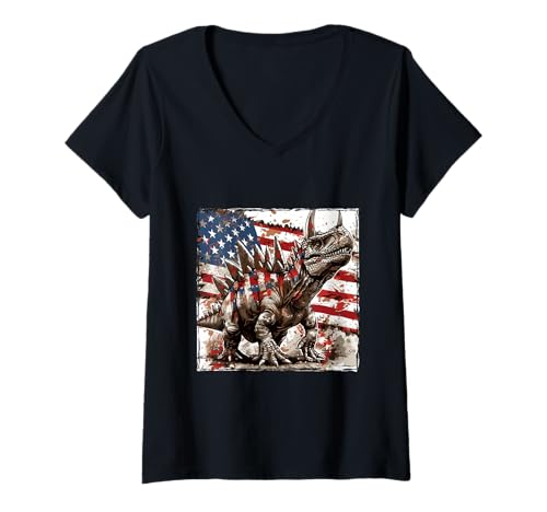 Damen Amerikanischer Dinosaurier Stegosaurus Maskottchen USA Flagge T-Shirt mit V-Ausschnitt von Animals In USA Style Inc
