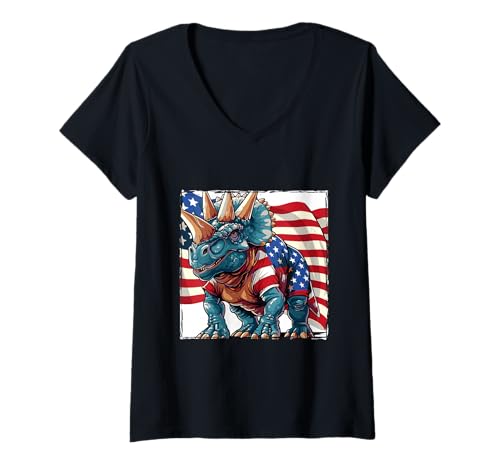 Damen Amerikanischer Dinosaurier Triceratops Maskottchen USA Flagge T-Shirt mit V-Ausschnitt Damen Amerikanischer Dinosaurier Triceratops Maskottchen USA Flagge T-Shirt mit V-Ausschnitt von Animals In USA Style Inc
