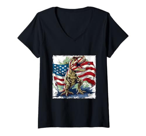 Damen Amerikanisches Dinosaurier-Maskottchen USA-Flagge T-Shirt mit V-Ausschnitt Damen Amerikanisches Dinosaurier-Maskottchen USA-Flagge T-Shirt mit V-Ausschnitt von Animals In USA Style Inc