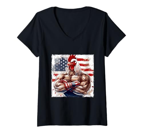 Damen Amerikanisches Huhn-Maskottchen, USA-Flagge T-Shirt mit V-Ausschnitt von Animals In USA Style Inc