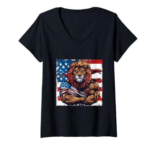 Damen Amerikanisches Löwen-Maskottchen, USA-Flagge T-Shirt mit V-Ausschnitt von Animals In USA Style Inc