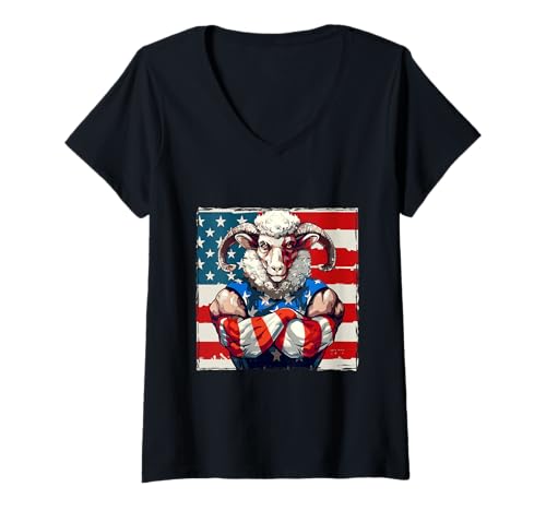 Damen Amerikanisches Schaf-Maskottchen USA-Flagge T-Shirt mit V-Ausschnitt Damen Amerikanisches Schaf-Maskottchen USA-Flagge T-Shirt mit V-Ausschnitt von Animals In USA Style Inc