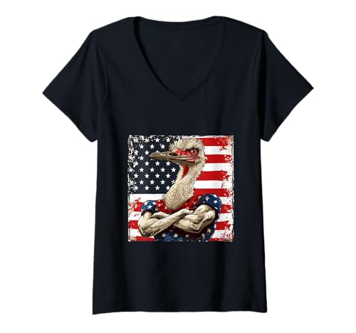 Damen Amerikanisches Straußen-Maskottchen USA-Flagge T-Shirt mit V-Ausschnitt Damen Amerikanisches Straußen-Maskottchen USA-Flagge T-Shirt mit V-Ausschnitt von Animals In USA Style Inc