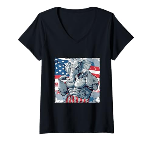 Damen Elefanten-Maskottchen USA-Flagge T-Shirt mit V-Ausschnitt von Animals In USA Style Inc