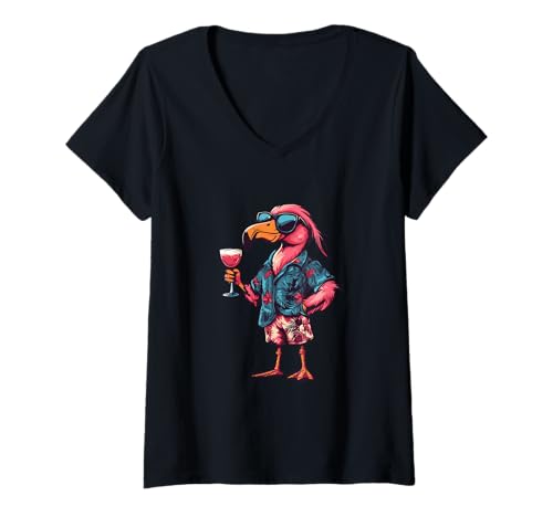 Damen Lustiger Flamingo-Sommerurlaub T-Shirt mit V-Ausschnitt Damen Lustiger Flamingo-Sommerurlaub T-Shirt mit V-Ausschnitt von Animals Travel Summer Fun Mood