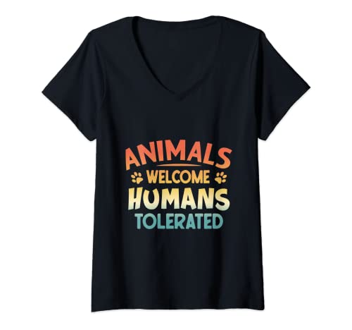 Damen Tiere willkommen Menschen geduldet T-Shirt mit V-Ausschnitt von Animals Welcome Humans Tolerated by PeeKay