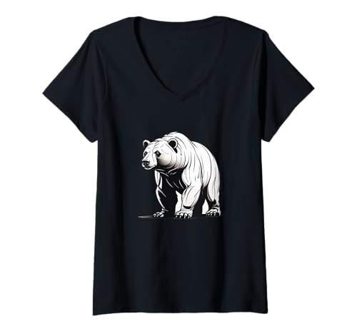 Damen Stilisierter Bär in schwarzer Lineart-Optik T-Shirt mit V-Ausschnitt von Animals of the World - Bear