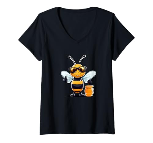 Damen Coole Cartoon-Biene mit Honigtopf und Sonnenbrille T-Shirt mit V-Ausschnitt Damen Coole Cartoon-Biene mit Honigtopf und Sonnenbrille T-Shirt mit V-Ausschnitt von Animals of the World - Bee