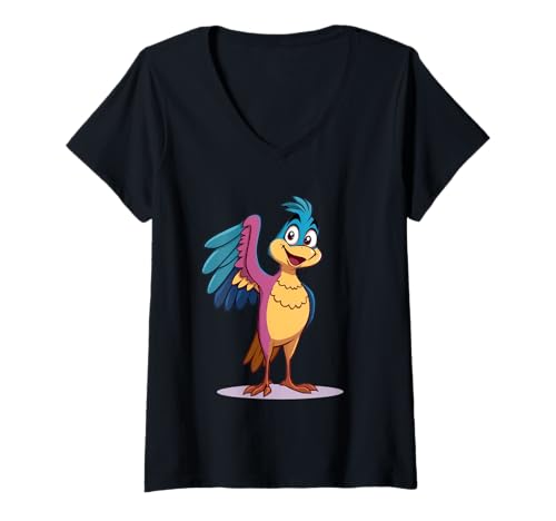 Damen Bunter Comic-Papagei mit blauen und violetten Federn T-Shirt mit V-Ausschnitt Damen Bunter Comic-Papagei mit blauen und violetten Federn T-Shirt mit V-Ausschnitt von Animals of the World - Bird