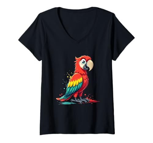 Damen Bunter Papagei mit Farbspritzern – Comicstil T-Shirt mit V-Ausschnitt von Animals of the World - Bird