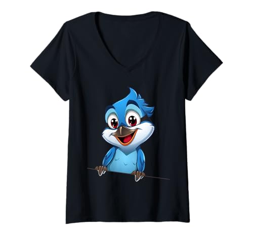Damen Cartoon Blauvogel Illustration Lächelnder Charakter T-Shirt mit V-Ausschnitt von Animals of the World - Bird