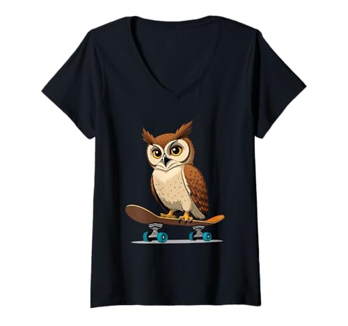 Damen Cartoon Eule Auf Skateboard Grafik T-Shirt mit V-Ausschnitt Damen Cartoon Eule Auf Skateboard Grafik T-Shirt mit V-Ausschnitt von Animals of the World - Bird