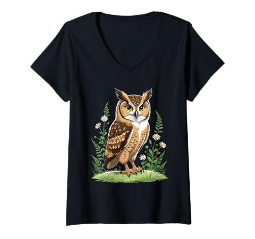 Damen Cartoon Eule Illustration mit Blumen T-Shirt mit V-Ausschnitt von Animals of the World - Bird