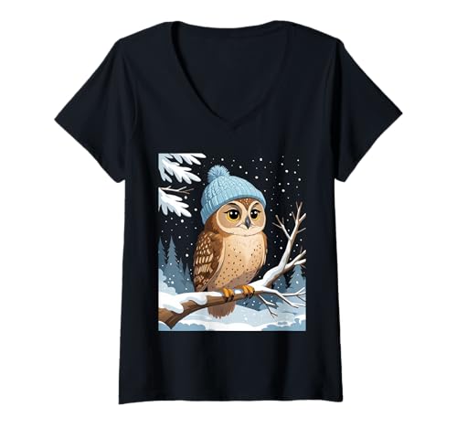 Damen Cartoon Eule mit Wintermütze T-Shirt mit V-Ausschnitt Damen Cartoon Eule mit Wintermütze T-Shirt mit V-Ausschnitt von Animals of the World - Bird
