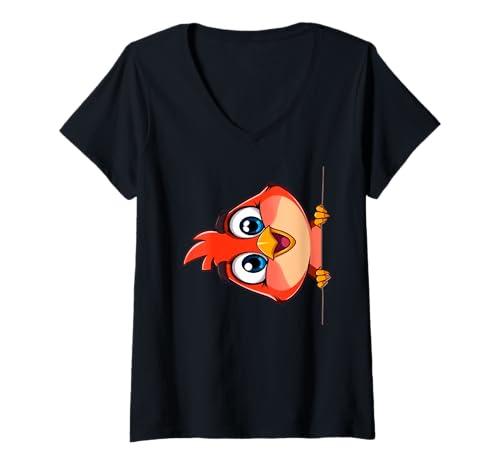 Damen Cartoon Roter Vogel Illustration Mit Großen Augen T-Shirt mit V-Ausschnitt von Animals of the World - Bird