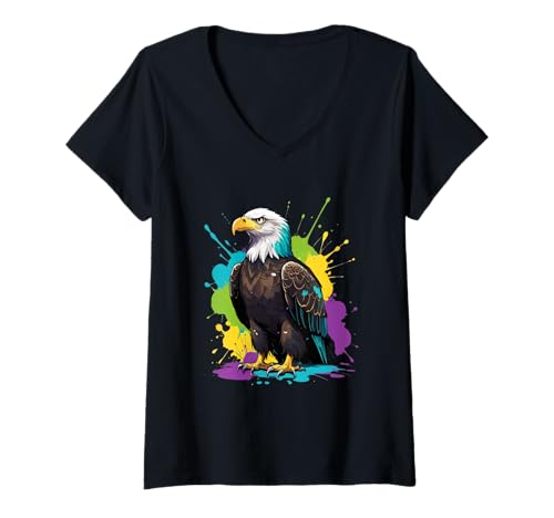 Damen Comic-Weißkopfseeadler mit Farbspritzern T-Shirt mit V-Ausschnitt Damen Comic-Weißkopfseeadler mit Farbspritzern T-Shirt mit V-Ausschnitt von Animals of the World - Bird