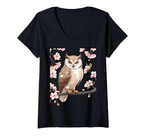 Damen Eule auf Blütenzweig – Cartoon-Illustration T-Shirt mit V-Ausschnitt Damen Eule auf Blütenzweig – Cartoon-Illustration T-Shirt mit V-Ausschnitt von Animals of the World - Bird