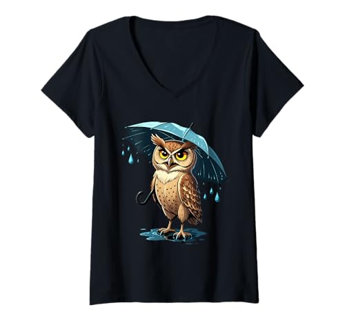Damen Grimmige Eule Cartoon Mit Regenschirm T-Shirt mit V-Ausschnitt Damen Grimmige Eule Cartoon Mit Regenschirm T-Shirt mit V-Ausschnitt von Animals of the World - Bird