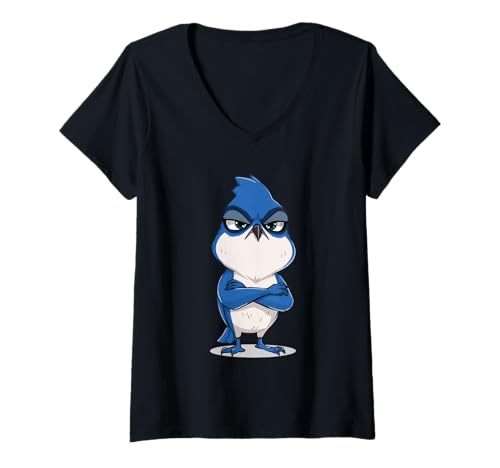 Damen Grimmiger Blue Jay (Eichelhäher): Cartoon-Tierillustration T-Shirt mit V-Ausschnitt von Animals of the World - Bird