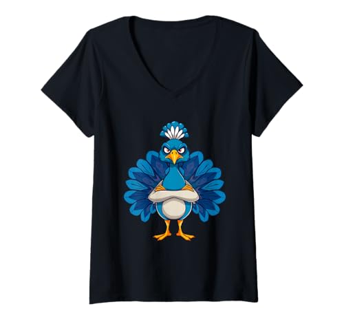Damen Grimmiger Pfau Cartoon Tier Illustration T-Shirt mit V-Ausschnitt Damen Grimmiger Pfau Cartoon Tier Illustration T-Shirt mit V-Ausschnitt von Animals of the World - Bird