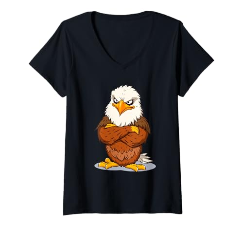 Damen Grimmiger Weißkopfseeadler: Cartoon-Tierillustration T-Shirt mit V-Ausschnitt von Animals of the World - Bird