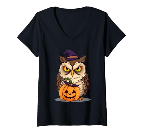 Damen Halloween-Eule mit Kürbis: Cartoon-Illustration T-Shirt mit V-Ausschnitt Damen Halloween-Eule mit Kürbis: Cartoon-Illustration T-Shirt mit V-Ausschnitt von Animals of the World - Bird