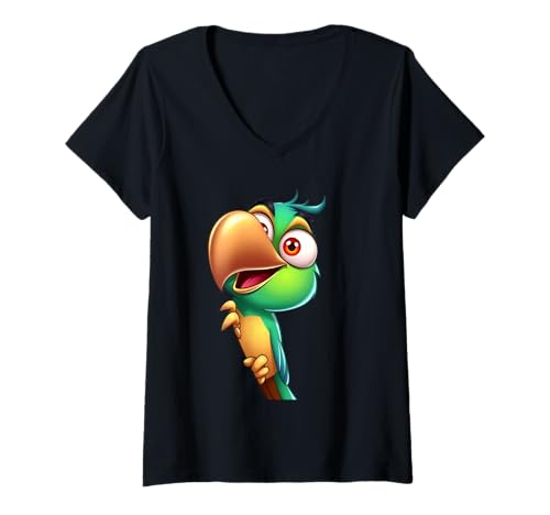 Damen Papagei Illustration Cartoon Bunter Vogel T-Shirt mit V-Ausschnitt von Animals of the World - Bird