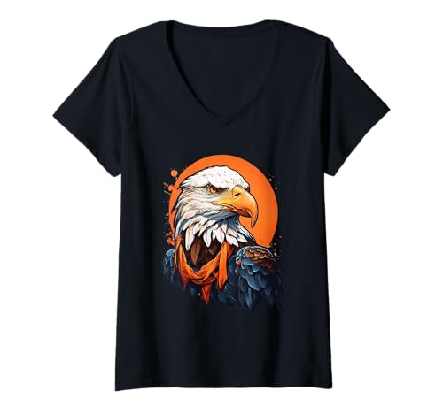 Damen Starker Cartoon-Adler mit Schal und orangem Kreis T-Shirt mit V-Ausschnitt Damen Starker Cartoon-Adler mit Schal und orangem Kreis T-Shirt mit V-Ausschnitt von Animals of the World - Bird