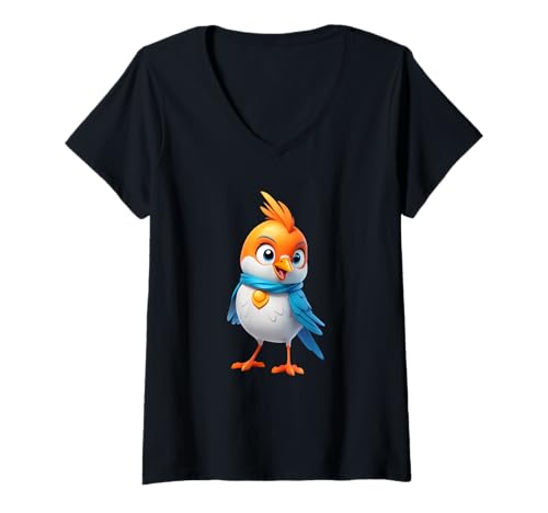 Damen Süßer Cartoon-Vogel mit orangeblauem Gefieder T-Shirt mit V-Ausschnitt Damen Süßer Cartoon-Vogel mit orangeblauem Gefieder T-Shirt mit V-Ausschnitt von Animals of the World - Bird