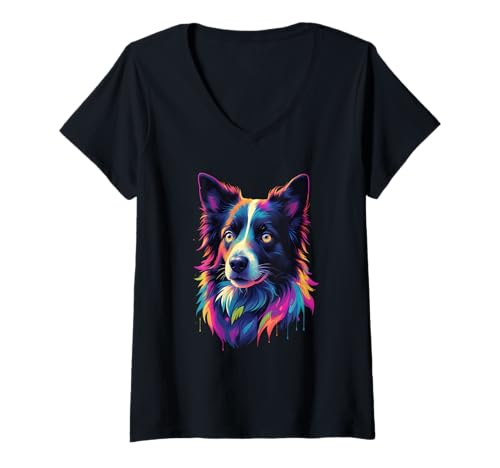 Damen Bunter Border Collie Hund Kopf Grafik Tiermotiv T-Shirt mit V-Ausschnitt Damen Bunter Border Collie Hund Kopf Grafik Tiermotiv T-Shirt mit V-Ausschnitt von Animals of the World - Border Collie