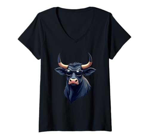 Damen Comic-Bullenkopf mit Sonnenbrille auf Weiß T-Shirt mit V-Ausschnitt von Animals of the World - Bull