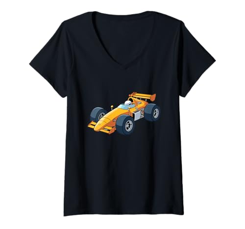 Damen Cartoon Rennwagen Illustration im Comicstil T-Shirt mit V-Ausschnitt Damen Cartoon Rennwagen Illustration im Comicstil T-Shirt mit V-Ausschnitt von Animals of the World - Car