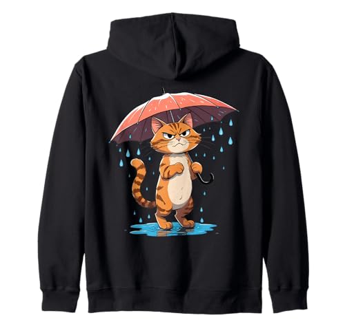 Cartoon Katze mit Regenschirm im Regen Kapuzenjacke von Animals of the World - Cat