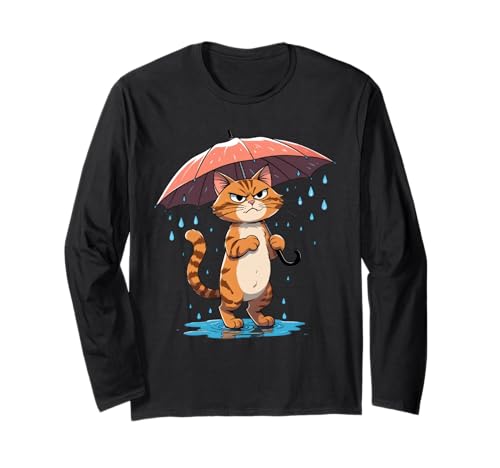 Cartoon Katze mit Regenschirm im Regen Langarmshirt von Animals of the World - Cat