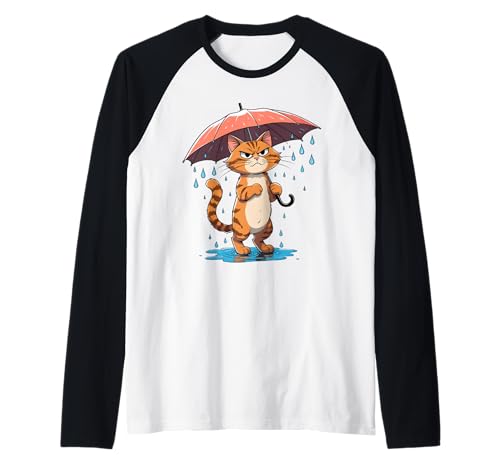 Cartoon Katze mit Regenschirm im Regen Raglan von Animals of the World - Cat