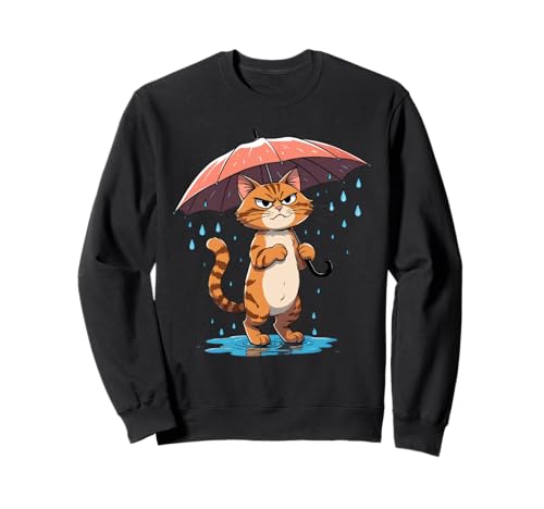 Cartoon Katze mit Regenschirm im Regen Sweatshirt von Animals of the World - Cat