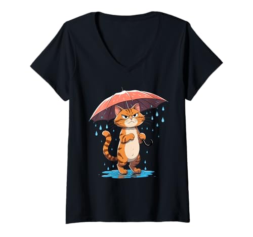 Damen Cartoon Katze mit Regenschirm im Regen T-Shirt mit V-Ausschnitt von Animals of the World - Cat