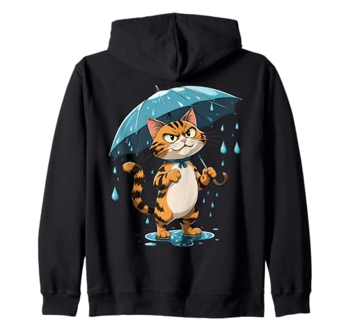 Gestreifte Katze Illustration Mit Regenschirm im Regen Kapuzenjacke von Animals of the World - Cat