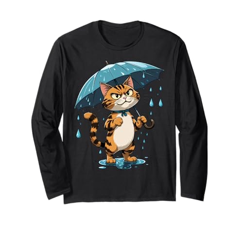 Gestreifte Katze Illustration Mit Regenschirm im Regen Langarmshirt von Animals of the World - Cat