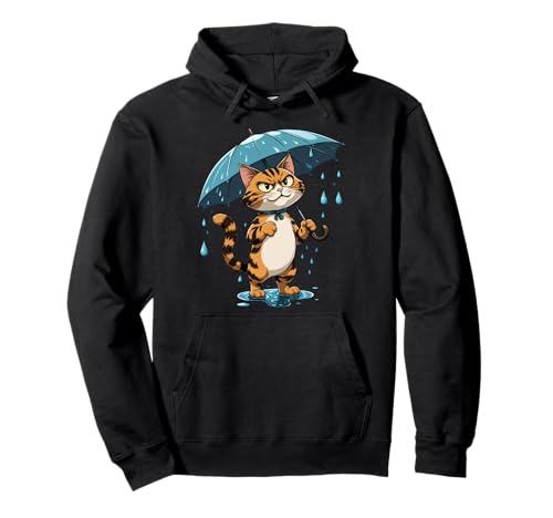 Gestreifte Katze Illustration Mit Regenschirm im Regen Pullover Hoodie von Animals of the World - Cat