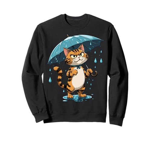 Gestreifte Katze Illustration Mit Regenschirm im Regen Sweatshirt von Animals of the World - Cat