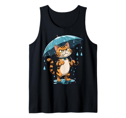 Gestreifte Katze Illustration Mit Regenschirm im Regen Tank Top von Animals of the World - Cat